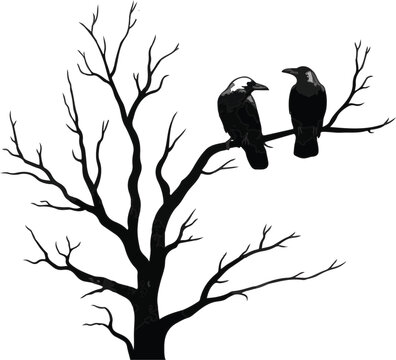 Two crows perched on a bare tree branch black and white minimalist illustration