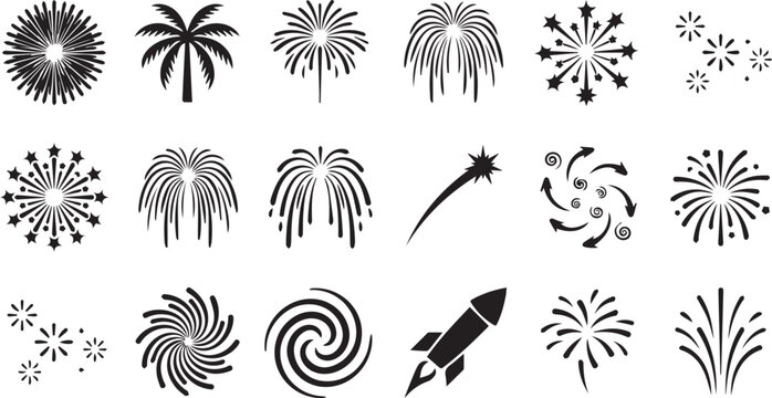 Celebration Fireworks Vector Icons Set, Firework Rocket and Starburst Sparkler Silhouette Collection