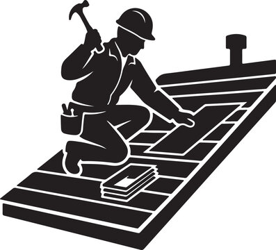 Roofer silhouette working on asphalt shingle roof construction