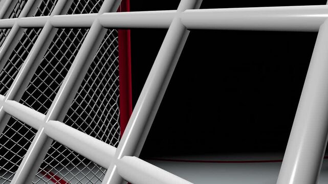 The camera pans around the hockey goal.
