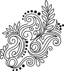 Fototapeta premium Intricate black line drawing floral swirl flourish with leaves and dots on white background vector