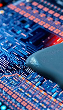 Extreme macro of dense grey thermal paste applied to an iridescent bare silicon processor die.