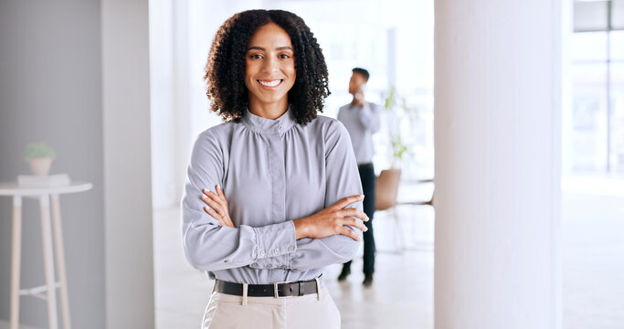 Realtor, portrait or woman in office with arms crossed, pride or career as property seller. Smile, broker or real estate agent in workplace with confidence, experience or profession in housing market