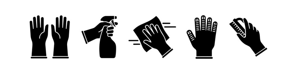 Obraz premium Set of minimalist black icons representing cleaning tasks and tools, including rubber gloves, a spray bottle, a cloth wipe, and a scrub brush. Perfect for housekeeping and hygiene visuals.