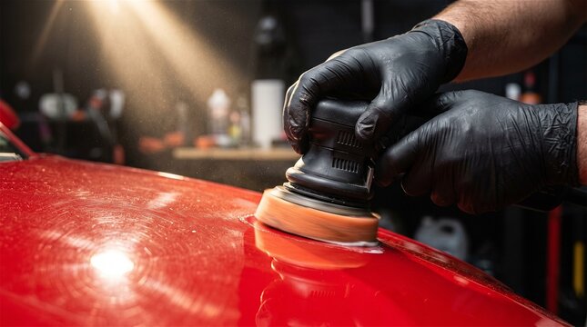 Car paint correction and polishing in workshop, auto detailing scene