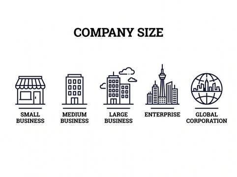 Business growth stages illustration with company size progression from small to large corporation
