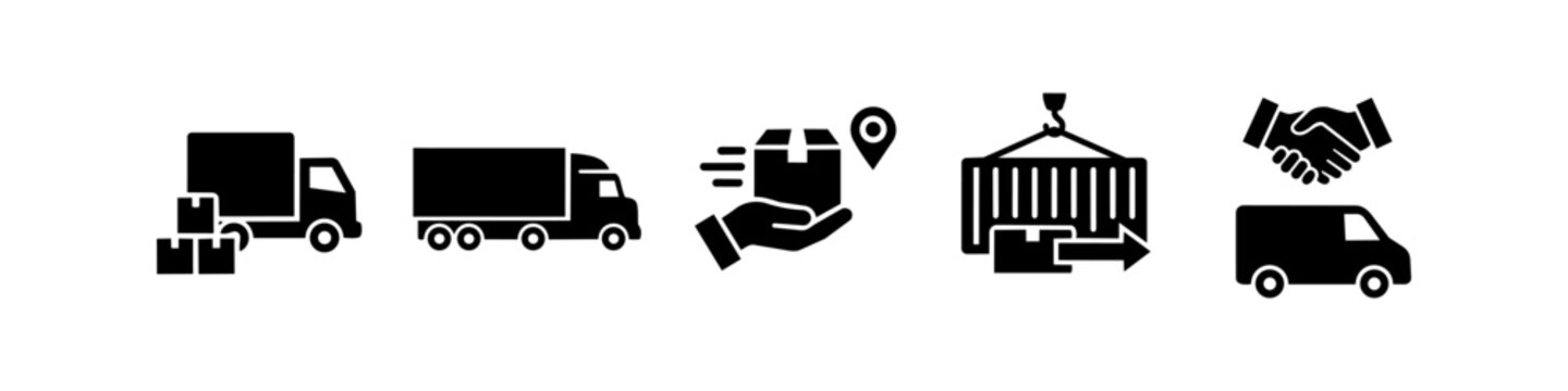 Set of logistics and delivery icons featuring trucks, shipping containers, express delivery, and business partnership symbols. Professional vector graphics for supply chain and transportation.