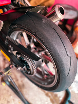 Close-Up Motorcycle Rear Tire and Wheel Detail