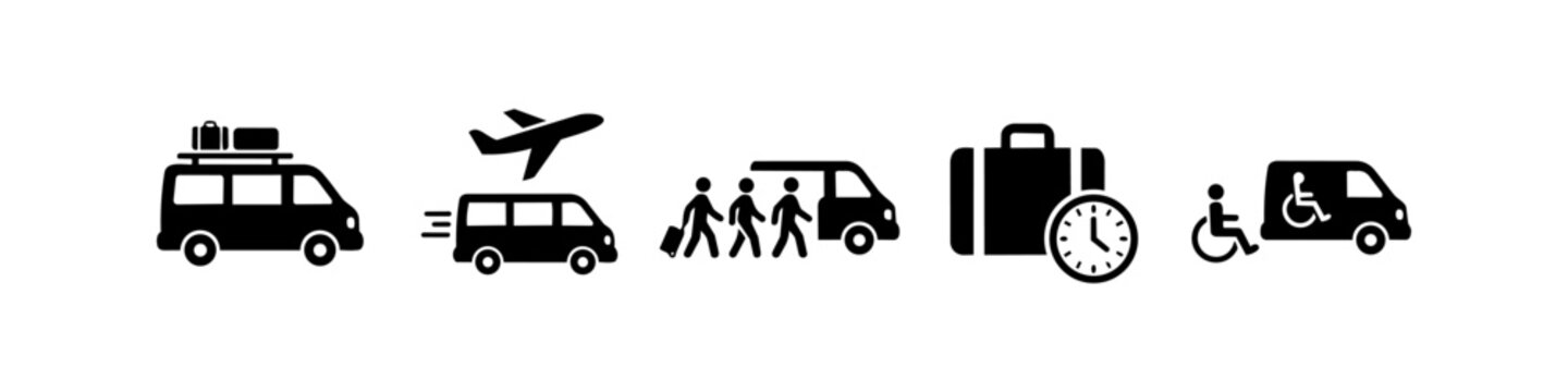 Set of travel and shuttle transport icons featuring airport transfer, group travel, luggage service, and accessible wheelchair transportation. Vector silhouette collection for travel services.