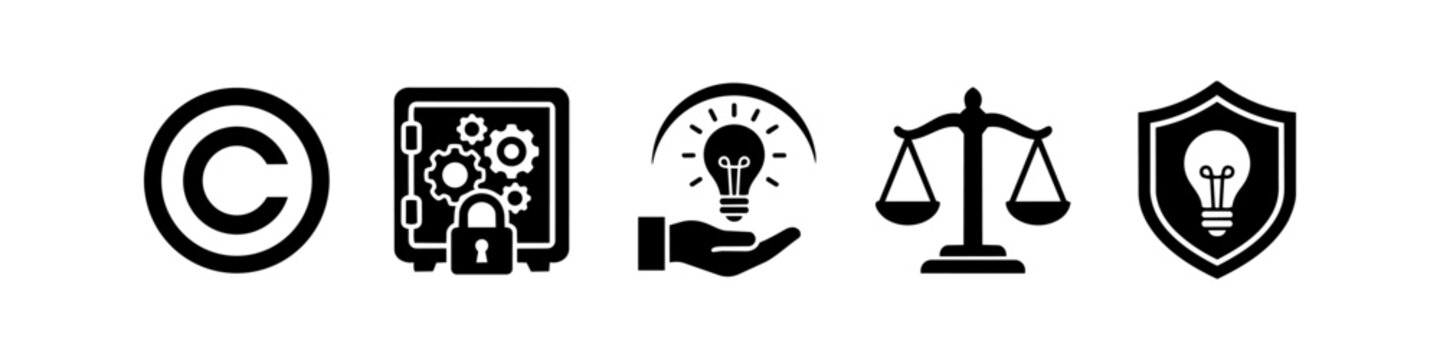 Set of intellectual property icons representing copyright, trade secrets, innovation, legal justice, and patent protection. Vector symbols for law, business, and creative rights.