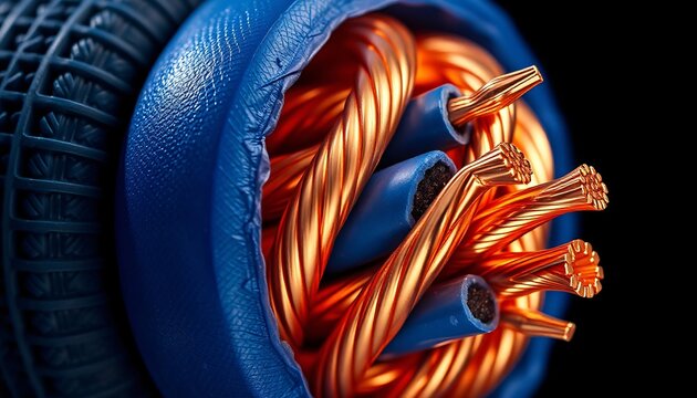 Extreme macro of braided copper wires emerging from blue silicone insulation.
