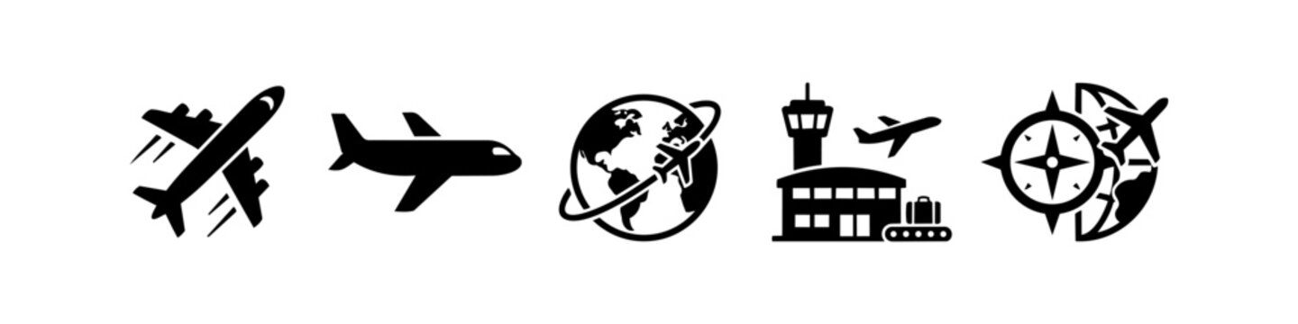 Set of black aviation icons featuring airplanes, airport terminal, globe with flight path, and compass. Perfect for travel, logistics, and international transportation concepts.
