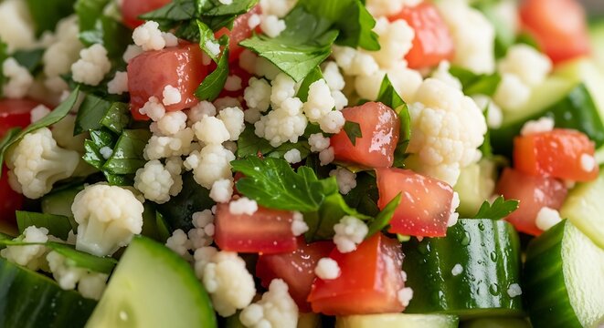 Fresh cauliflower tabbouleh salad with diced tomatoes, crunchy cucumber, and parsley for a healthy, vibrant, and low-carb Mediterranean style meal option