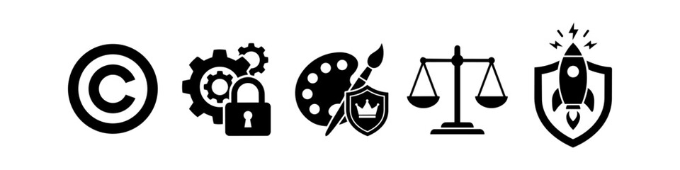 Set of intellectual property and legal protection icons including copyright symbol, security lock, creative palette shield, justice scales, and startup rocket ship icon on white background. © Nort Kor