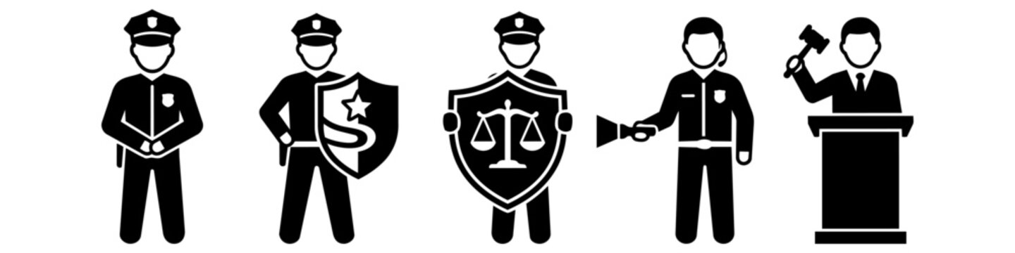 Law enforcement and justice system icon set featuring police officers, security guards, and a judge with a gavel. Black vector silhouettes representing protection, law, and order.