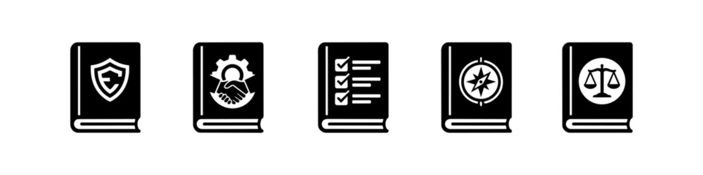 Set of black and white book icons representing ethics, partnership, compliance, guidance, and law. Ideal for business, legal, and corporate governance concepts.
