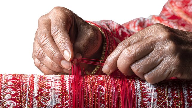 Close-up of elderly woman hands weaving traditional Nakshi Kantha embroidery with colorful threads, cultural handicraft artisan.
