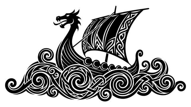 A silhouette of a Viking drakkar ship featuring intricate Celtic knotwork patterns on the sail and swirling ocean waves, styled for logos or tattoos.