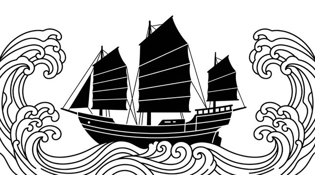 Vector illustration of a traditional Chinese junk ship silhouette sailing between large, decorative oriental-style sea waves in black and white.