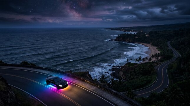 Night Coastal Drive with Neon Car