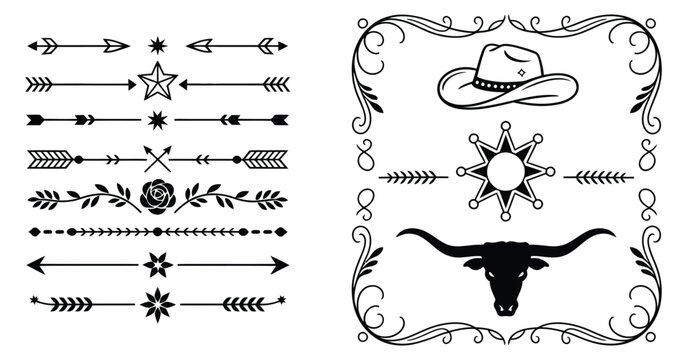 Dividers old western line vector set showcasing antique western ornamental divider lines, classic cowboy aesthetic borders, and decorative vector embellishments perfect for posters, menus, branding 