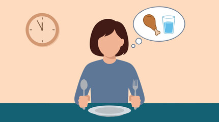 Hungry person waiting for meal, thinking about food and drink at dining table