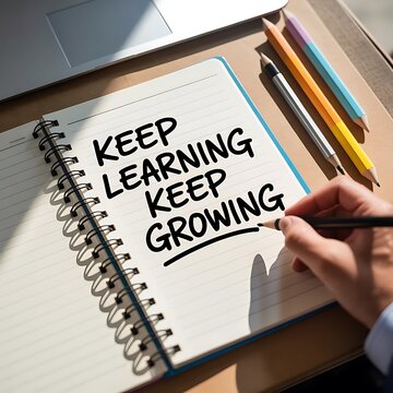 Person writing keep learning keep growing on a notebook