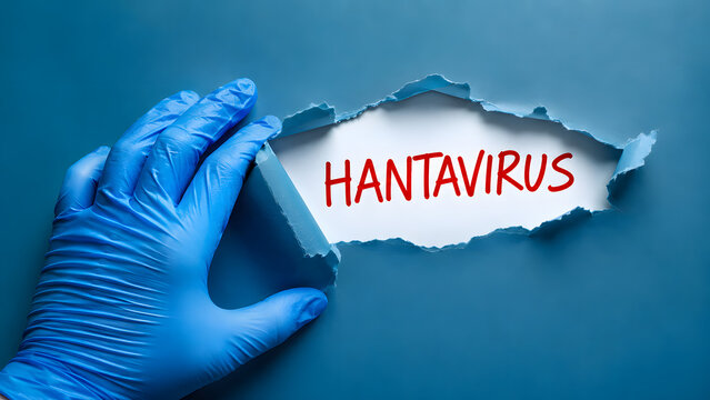 Hand in a blue medical glove tearing through paper revealing the word Hantavirus written in red on a white background
