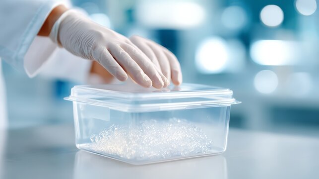 Sealed medical sample transport container on a laboratory counter for cold chain transport and secure specimen handling in testing workflows