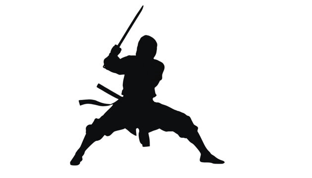 Silhouette of a ninja warrior brandishing a sword in a dynamic fighting stance.