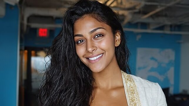 Friendly Smiling Young Woman with Curly Black Hair, Nose Piercing and Medium-Dark Skin in Indoor Public Transit Space, Casual Portrait