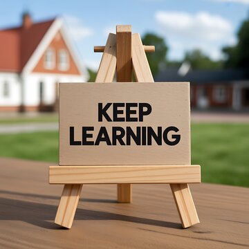 Empowering "Keep Learning" Message Displayed on a Wooden Easel, Representing Continuous Education, Knowledge, and Personal Development
