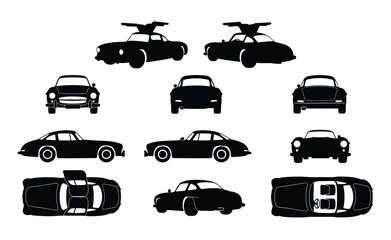 Obraz premium 1950s Classic German Sports Coupe Gullwing Style Silhouette Set — Retro Automobile Black Icons Multiple Views Isolated