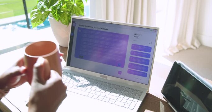 Hands are reacting to market plan on laptop, lifting mug, pointing to follow steps by pool