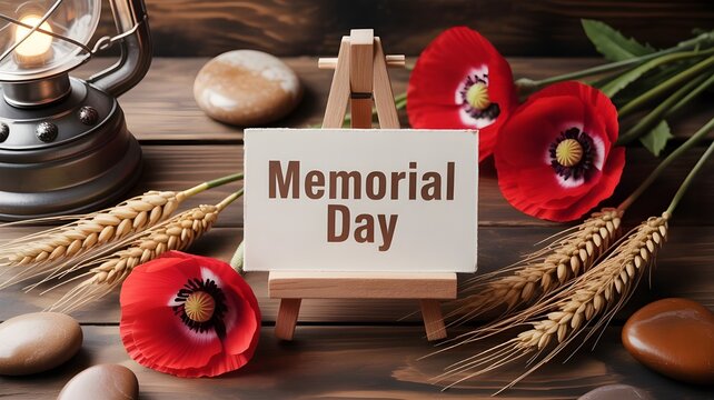 Memorial day still life with red poppies wheat lantern and river stones on wood