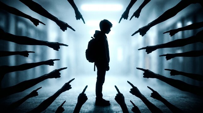 School bullying and peer pressure concept. Silhouette of a young boy with a backpack surrounded by accusing pointing fingers