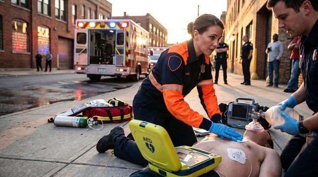 Emergency Defibrillator and CPR Rescue by Paramedics on City Street