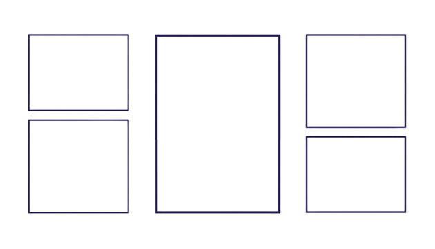 Arrangement of five empty square and rectangular frames on a white background.
