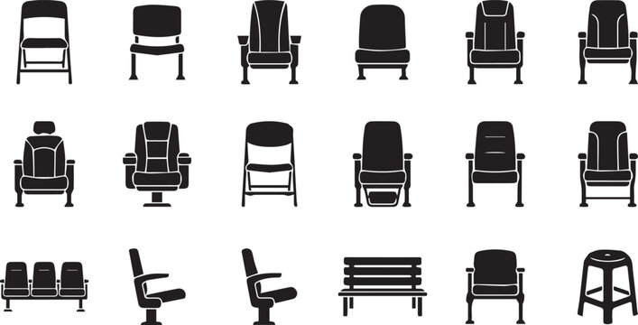 Stadium Seats and Arena Chairs Vector Icons Set, Grandstand Seating and Theater Armchair Silhouette Collection