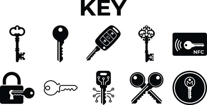 Collection of diverse keys and locks with NFC technology against a white background