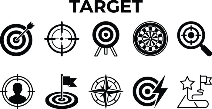 Collection of icons representing focus strategy and goals in a clean graphic design concept