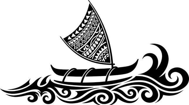 Black silhouette of a traditional Polynesian outrigger canoe with tribal patterns on the sail navigating waves.