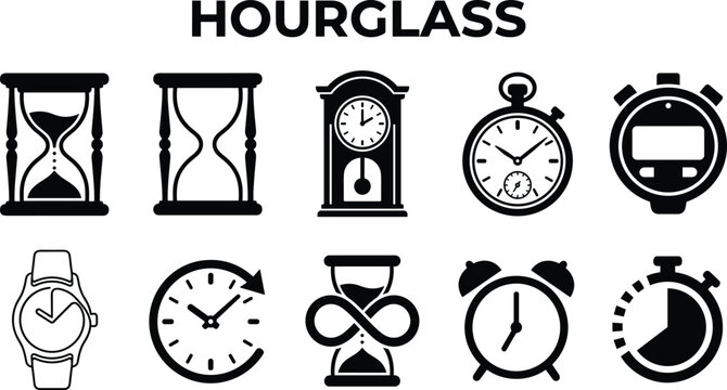 Collection of timekeeping devices including hourglasses clocks and watches on white background