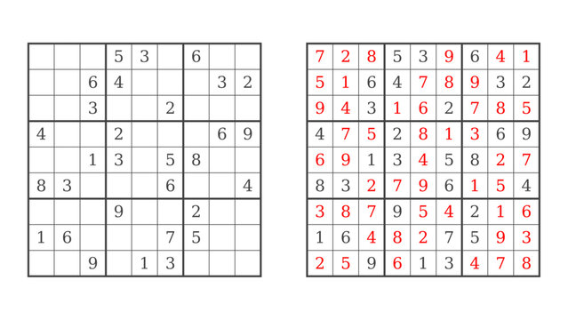 Sudoku puzzle with solved and unsolved grids
