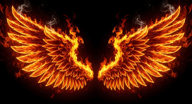 Fiery wings of fire with smoke against a black background dramatic illumination