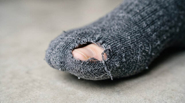 Hole in sock discovered at the most inconvenient moment before leaving home. Humorous everyday lifestyle scene about small frustrations, awkward surprises and relatable problems