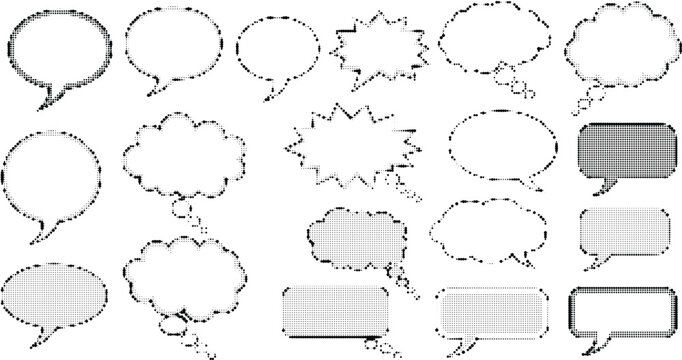 Comic speech bubble set in halftone dot style comic clouds for manga graphic design elements and dialog balloon icons.