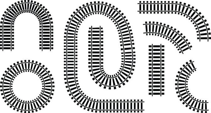 Railroad, tracks vector set, top view straight curved and wavy railway rails with ladder elements and steel bars for transport systems and construction planning.