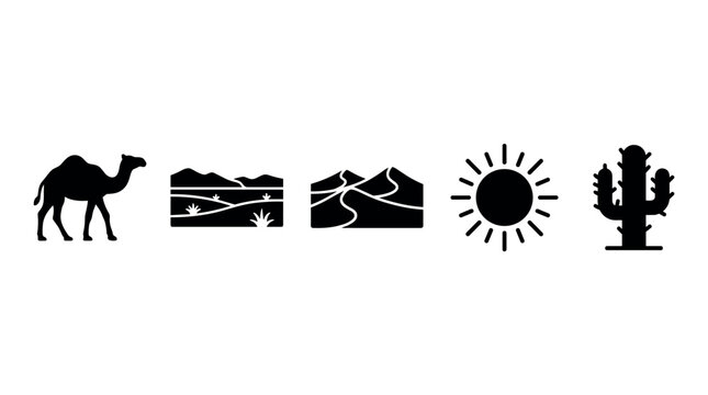 Camel desert dunes sun cactus icons represent a hot arid environment with characteristic animals and plants, perfect for travel or nature-themed designs.