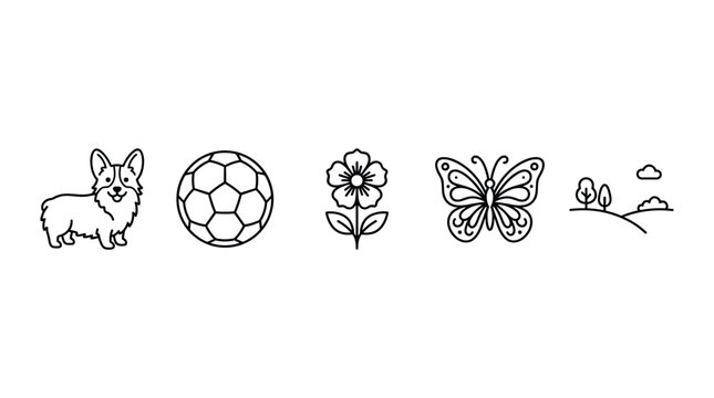 Cute line art icons depicting diverse subjects and natural elements, including a corgi, soccer ball, flower, butterfly, and landscape.
